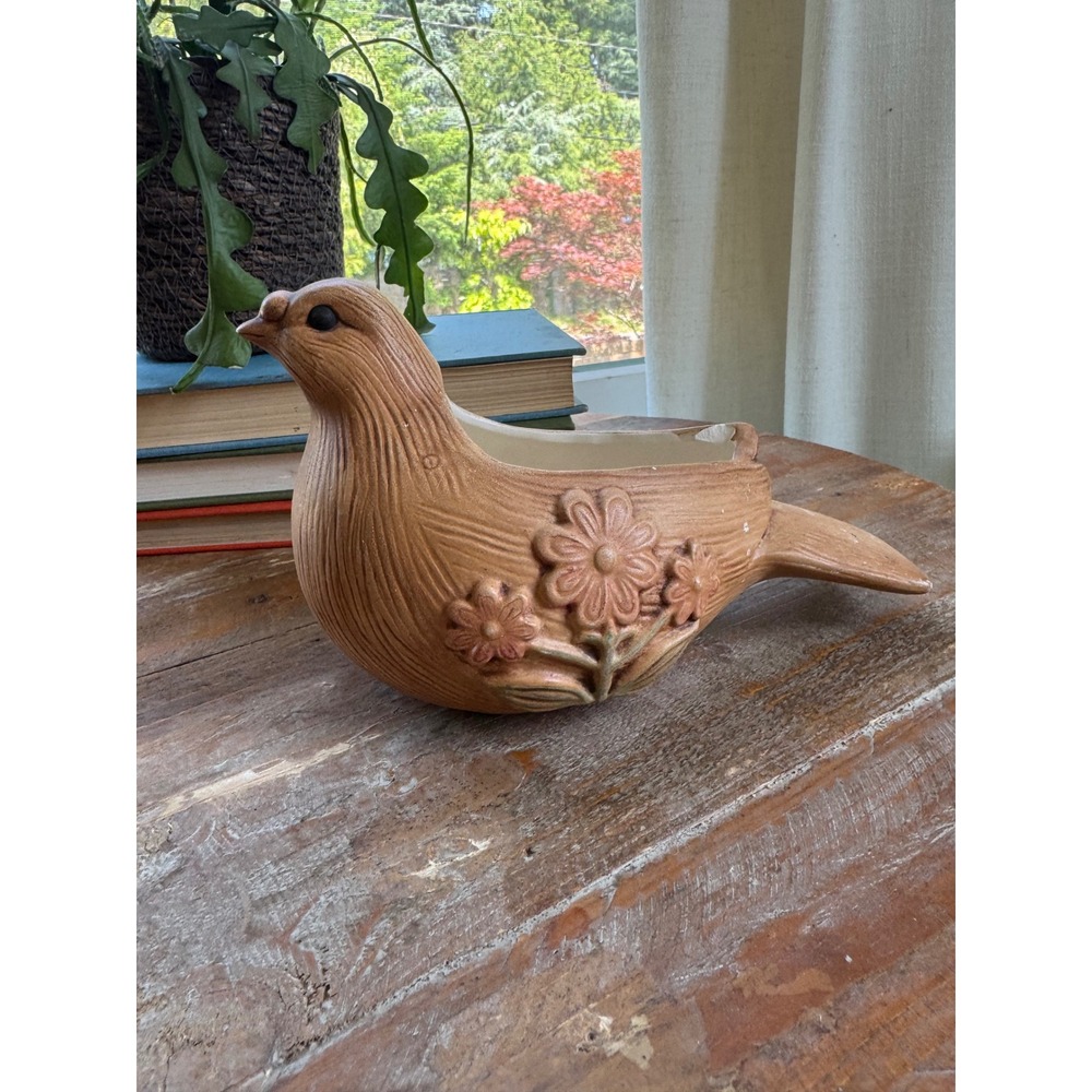 Vintage Ceramic Bird Planter Brown Textured Floral Succulent Pot Retro CHIP